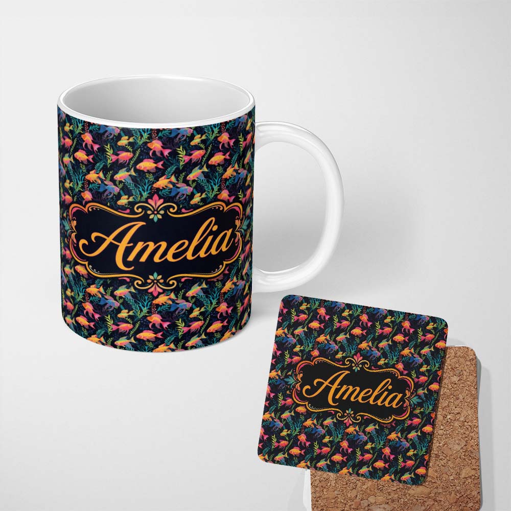 Personalized Custom Name Stylised Ocean Fish Pattern with Elegant Botanical Elements on Black 11oz Ceramic Coffee Tea Mug White Large Handle