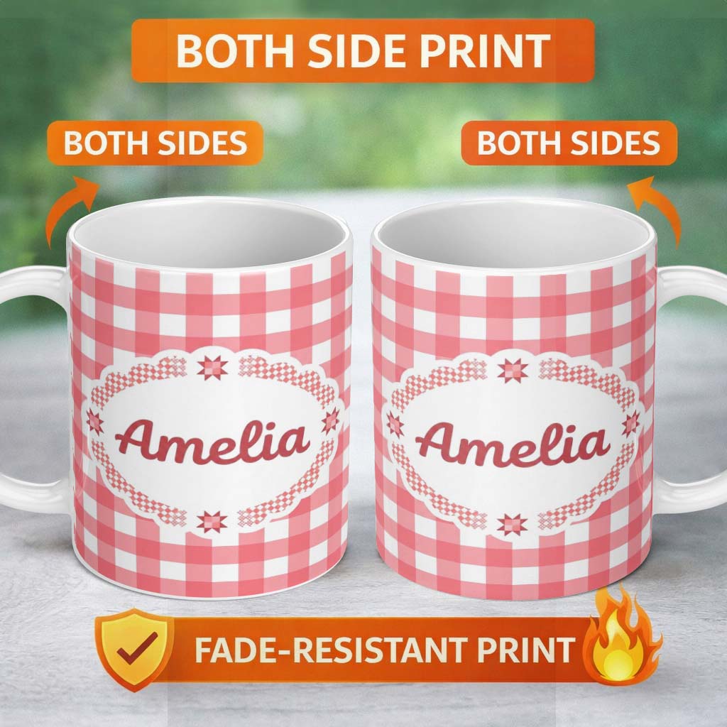 Personalized Custom Name Red And White Gingham Check Seamless Pattern Classic Lovely 11oz Ceramic Coffee Tea Mug White Large Handle