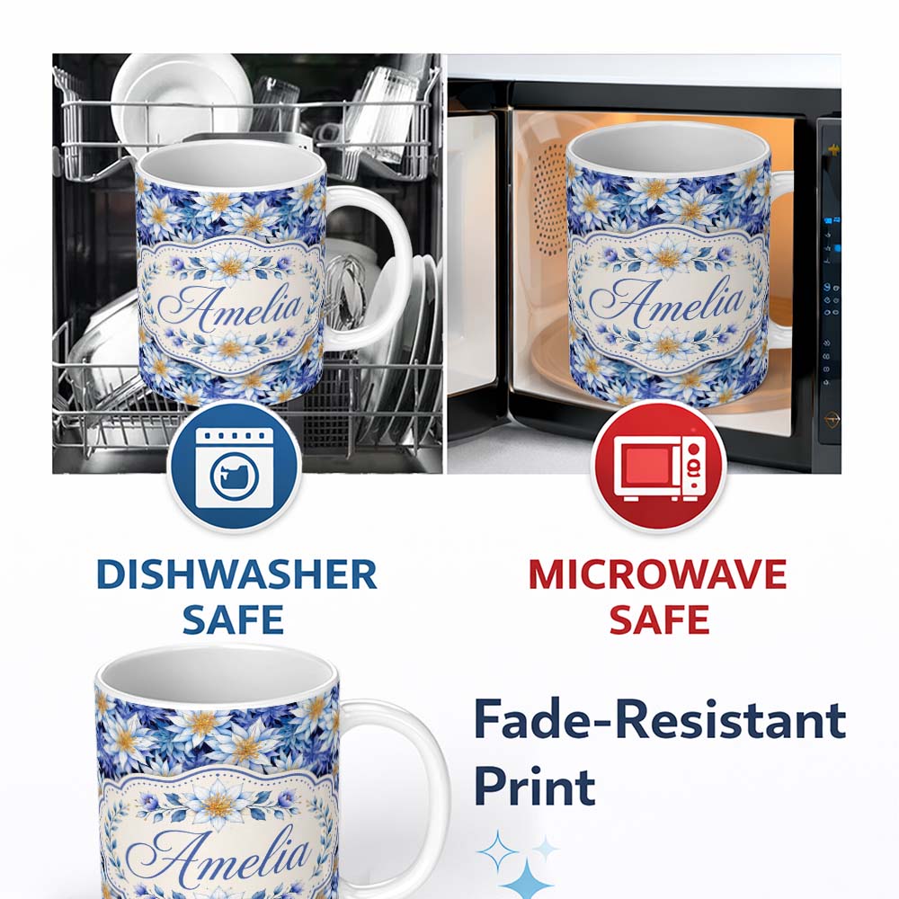 Personalized Custom Name Bold Blue White Botanical Floral Seamless Pattern Cute Unique Gift 11oz Ceramic Coffee Tea Mug White Large Handle