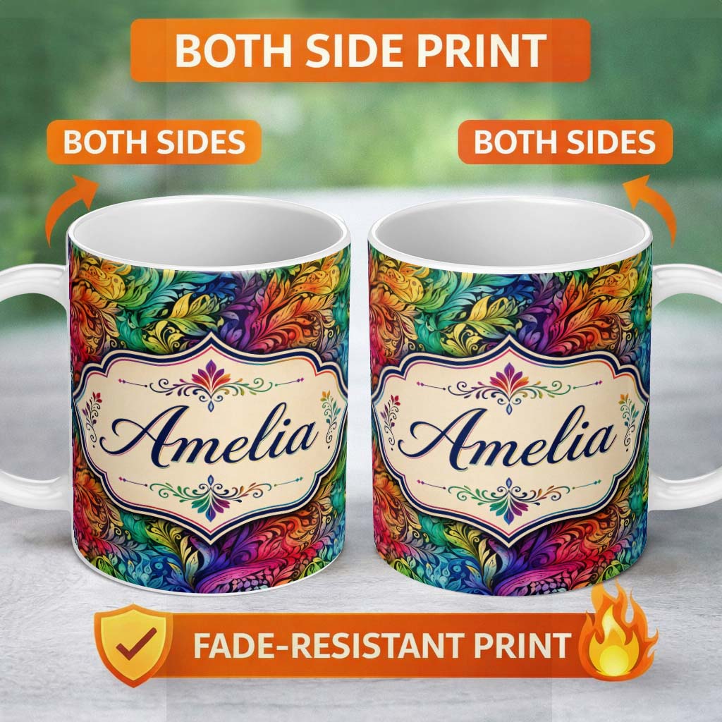 Personalized Custom Name Rainbow Abstract Leaf Swirl Seamless Pattern Thoughtful Gift Idea 11oz Ceramic Coffee Tea Mug White Large Handle