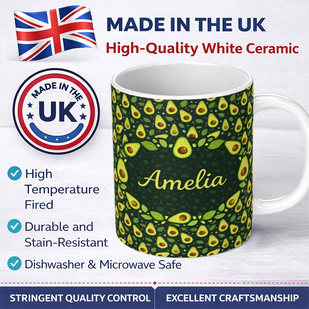 Personalized Custom Name Avocado Green Fruit Seamless Pattern Beautiful Coffee Cup Lovely 11oz Ceramic Coffee Tea Mug White Large Handle