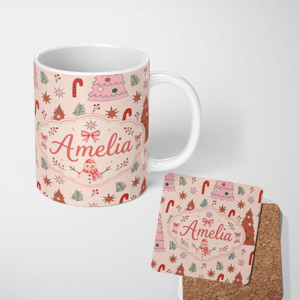 Personalized Custom Name Cute Hand Drawn Christmas Trees Candy Cane Seamless Pattern Lovely 11oz Ceramic Coffee Tea Mug White Large Handle