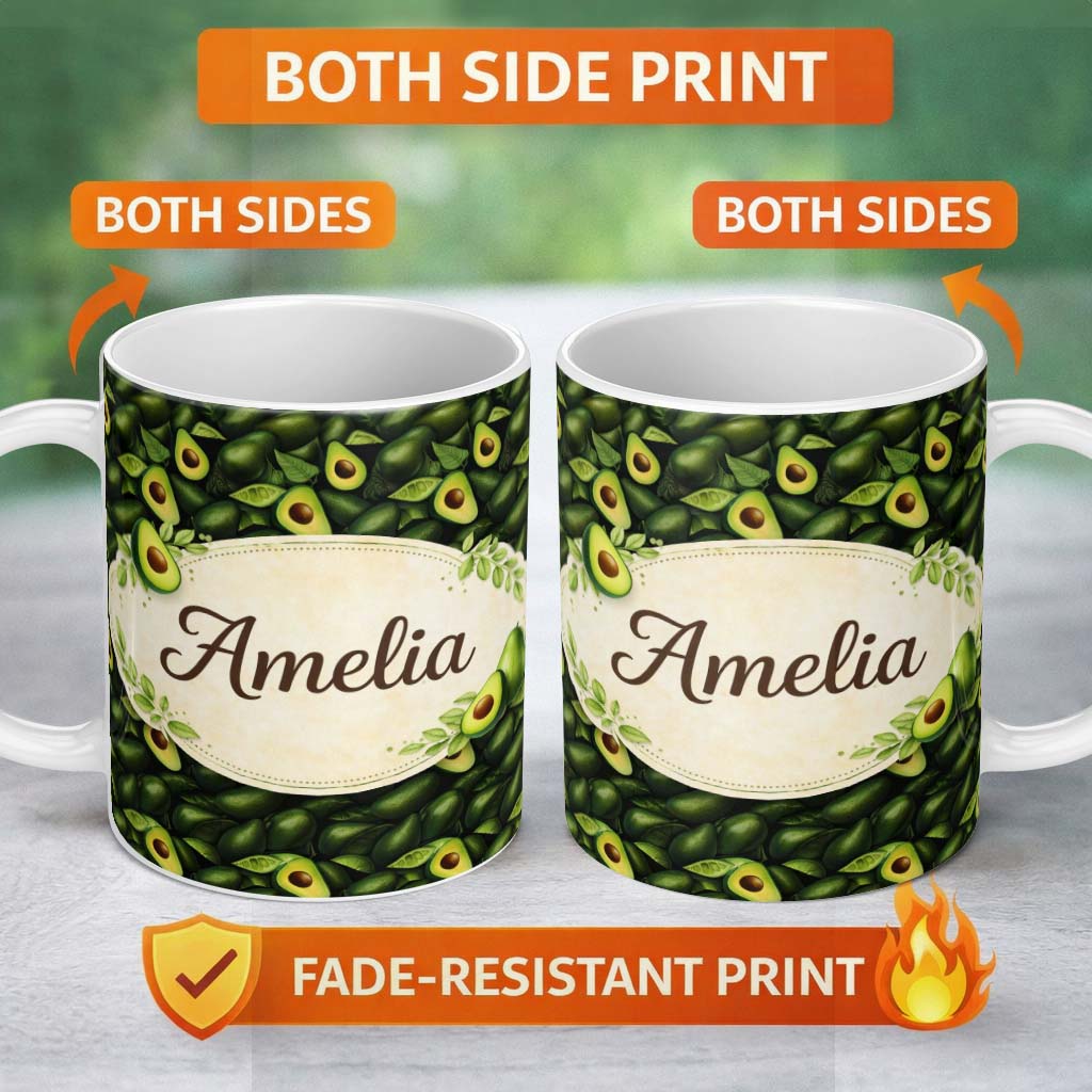 Personalized Custom Name Realistic Avocado Fruit Seamless Pattern Fresh Green Food Texture 11oz Ceramic Coffee Tea Mug White Large Handle