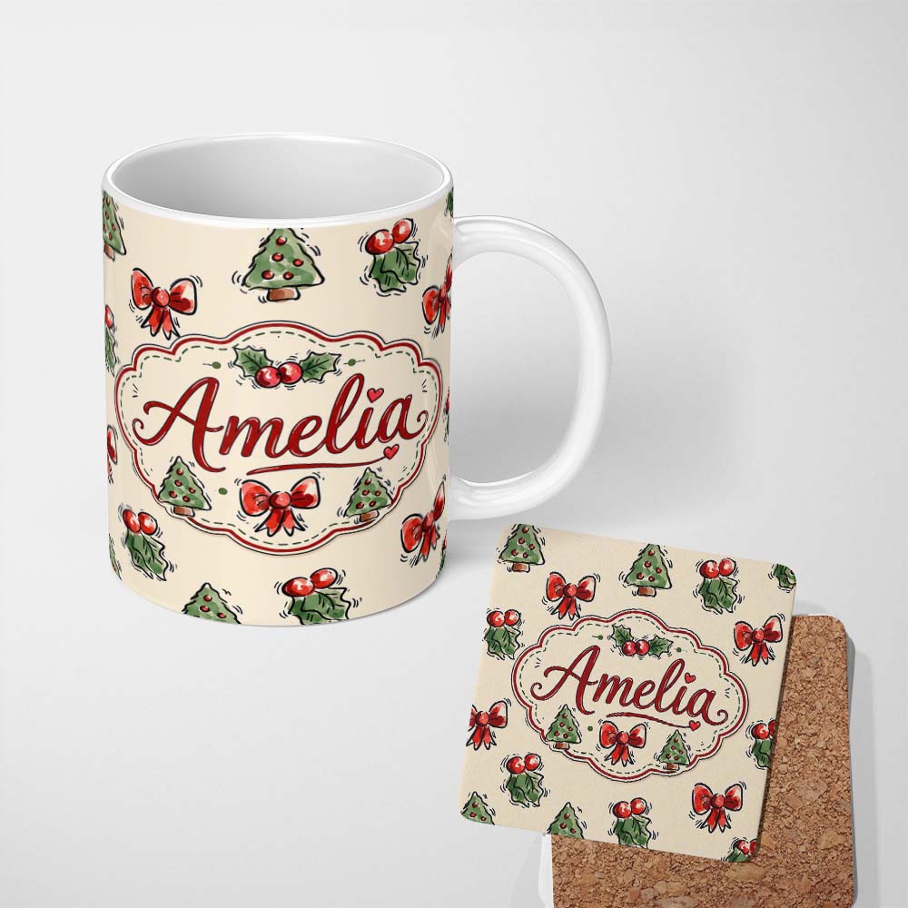 Personalized Custom Name Cute Christmas Bows Holly Berries Tree Doodle Seamless Pattern 11oz Ceramic Coffee Tea Mug White Large Handle