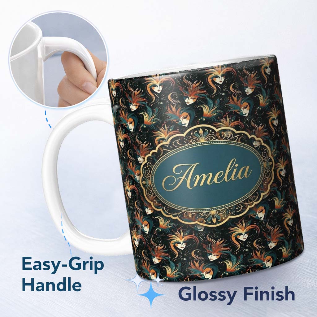 Personalized Custom Name Stylised Fantasy Mask Pattern with Flowing Hair in Warm Orange and 11oz Ceramic Coffee Tea Mug White Large Handle