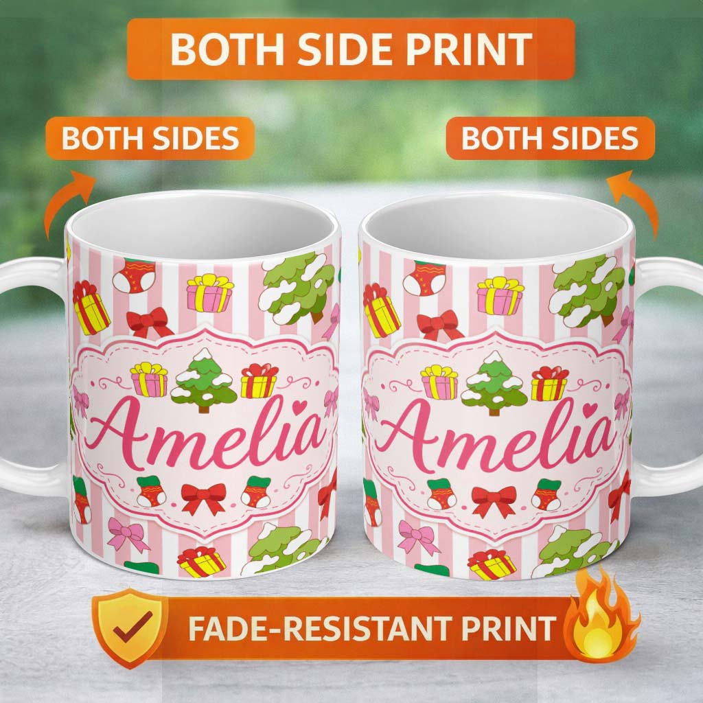 Personalized Custom Name Cute Christmas Gifts Stockings Tree Stripe Background Seamless 11oz Ceramic Coffee Tea Mug White Large Handle