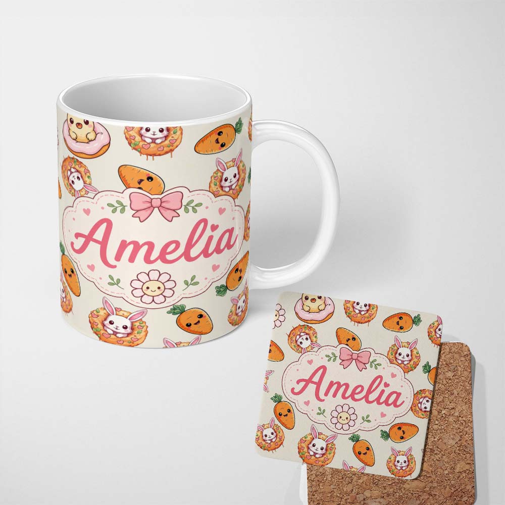 Personalized Custom Name Cute Easter Bunny Carrot Donut Hearts Seamless Pattern Cream Lovely 11oz Ceramic Coffee Tea Mug White Large Handle