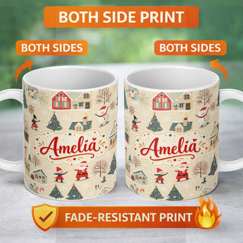 Personalized Custom Name Vintage Christmas Village Snowman Santa Winter Scene Seamless Lovely 11oz Ceramic Coffee Tea Mug White Large Handle