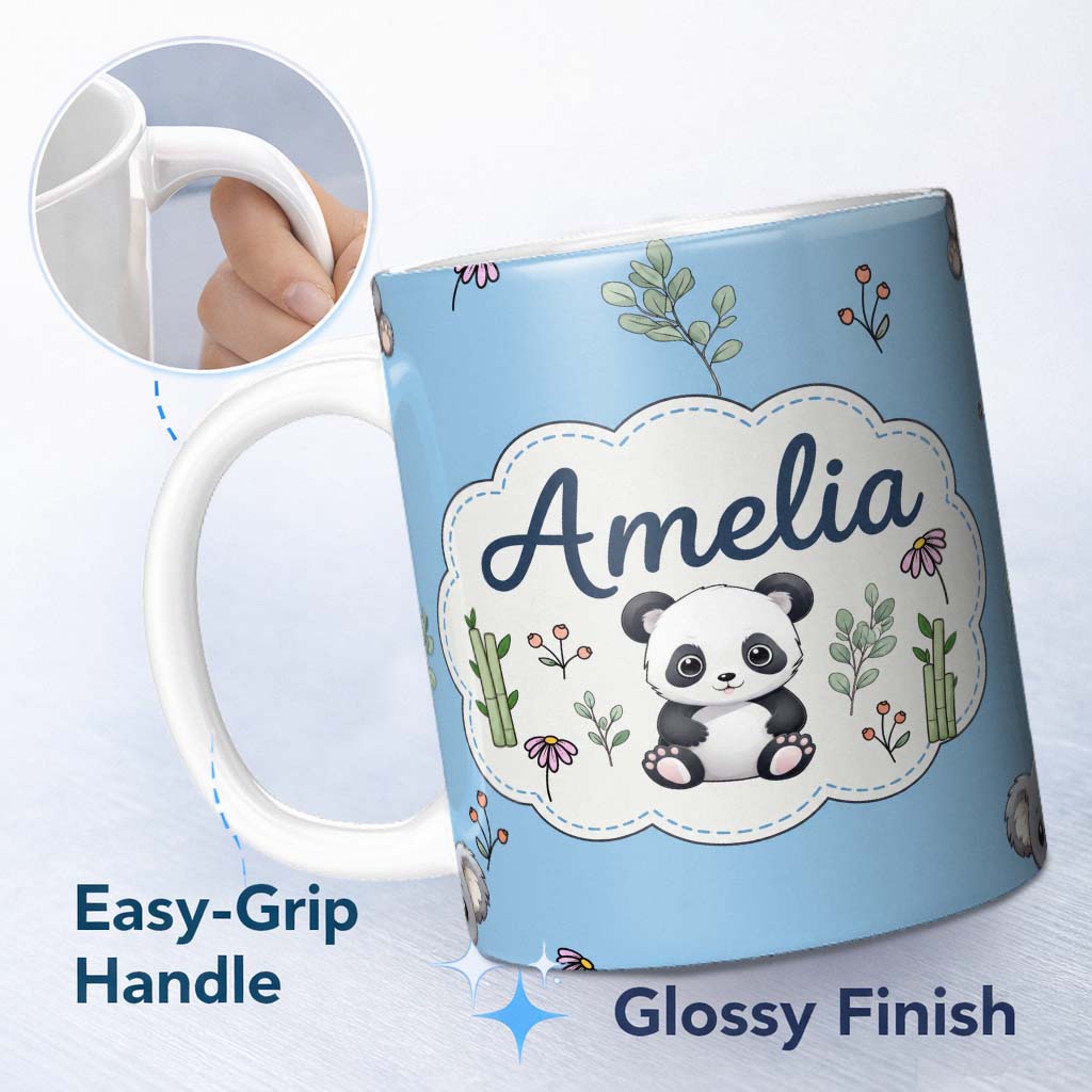 Personalized Custom Name Cute Panda Bear with Bamboo Leaves Floral Seamless Pattern Sky Blue 11oz Ceramic Coffee Tea Mug White Large Handle