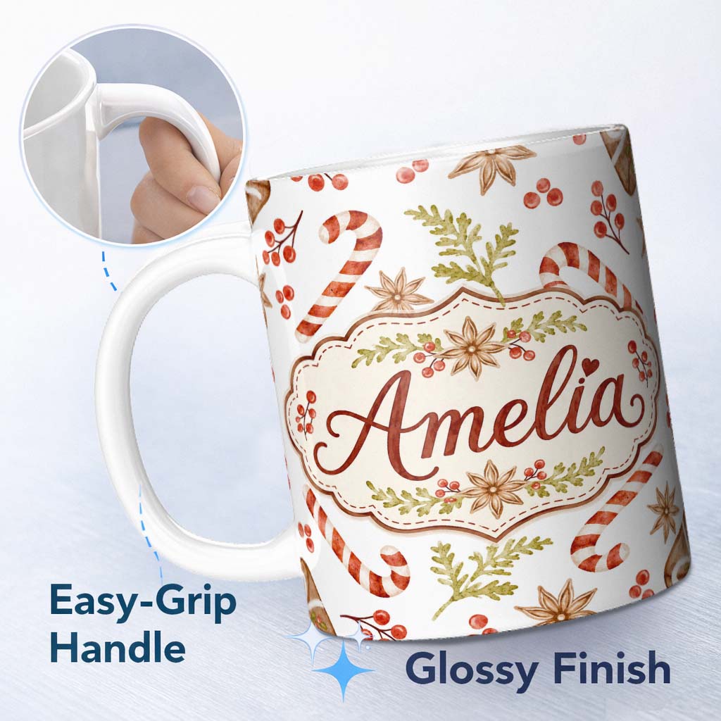 Personalized Custom Name Watercolor Candy Canes Gift Box Berries and Winter Botanical Lovely 11oz Ceramic Coffee Tea Mug White Large Handle