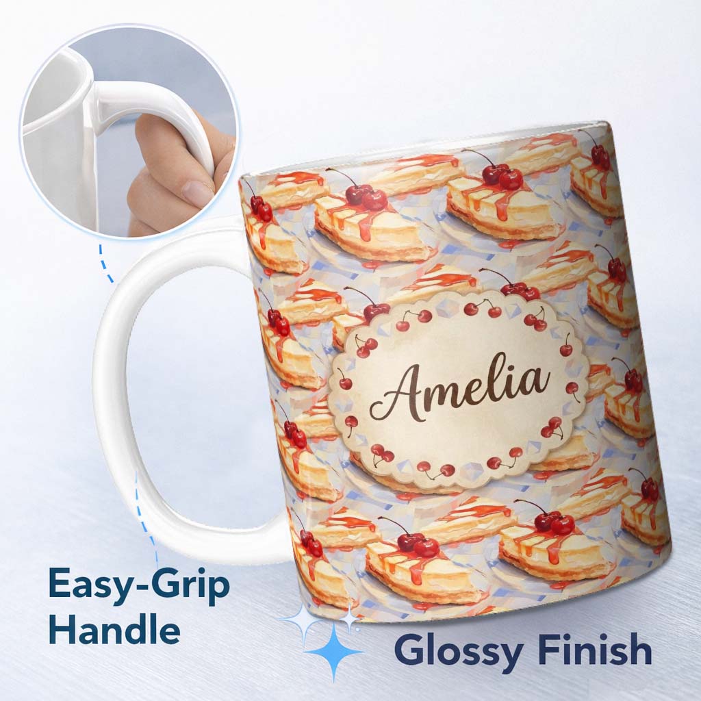Personalized Custom Name Cherry Drizzle Cheesecake Slice Close Up Seamless Pattern Lovely 11oz Ceramic Coffee Tea Mug White Large Handle