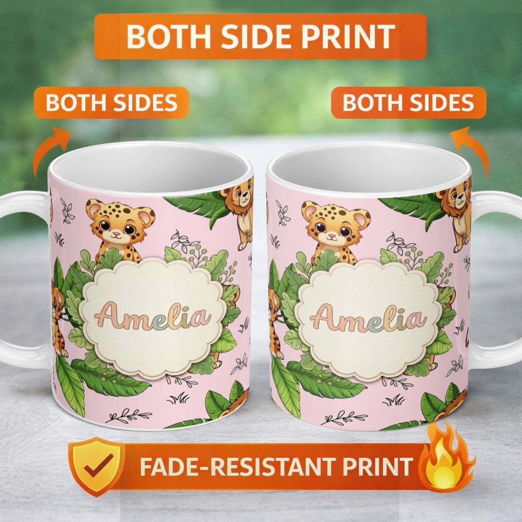 Personalized Custom Name Cute Jungle Animals Lion Tiger Leopard Soft Beige Background Lovely 11oz Ceramic Coffee Tea Mug White Large Handle