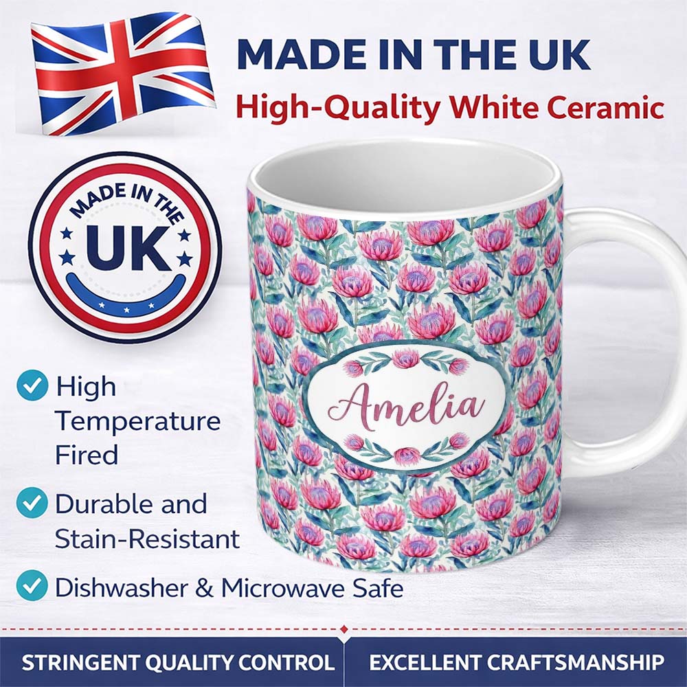 Personalized Custom Name Bright Pink Protea Flowers with Blue Green Leaves Seamless Pattern 11oz Ceramic Coffee Tea Mug White Large Handle