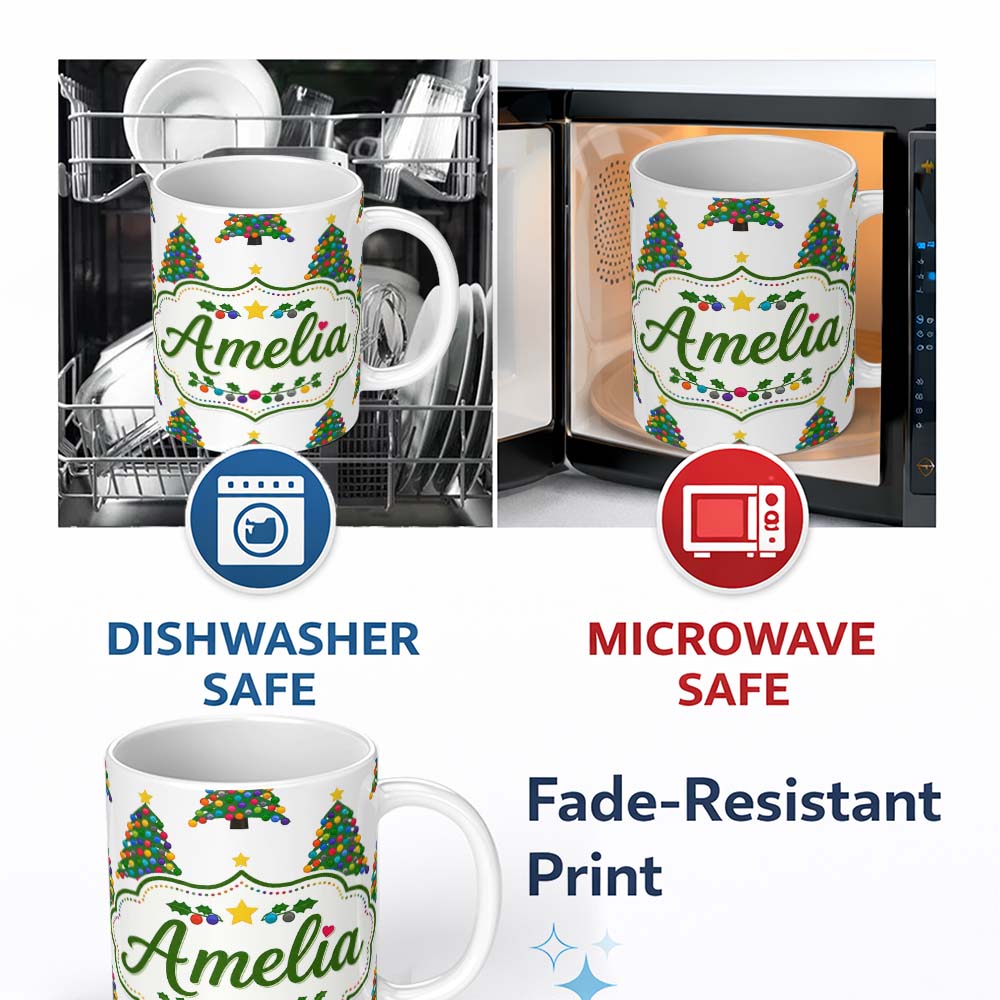 Personalized Custom Name Bright Christmas Trees with Multicolor Ornaments and Stars Seamless 11oz Ceramic Coffee Tea Mug White Large Handle