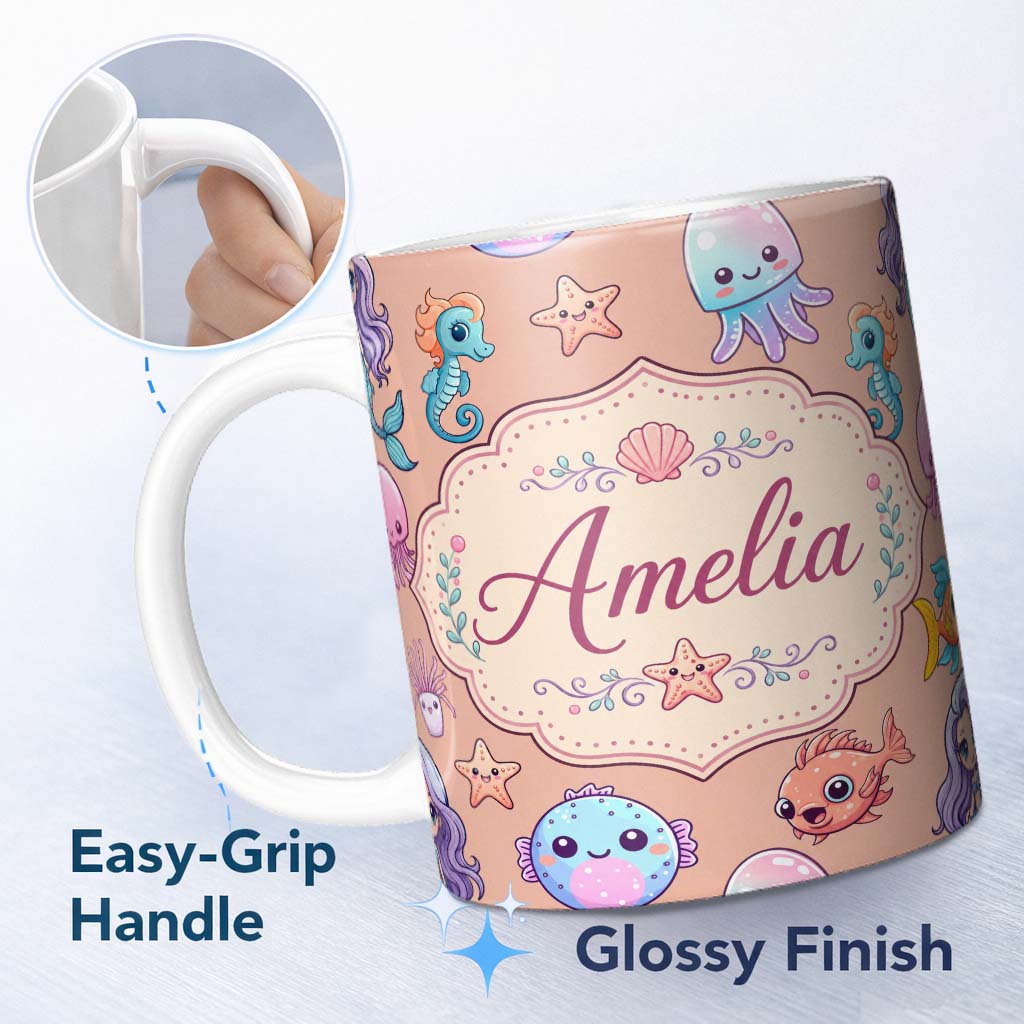 Personalized Custom Name Cute Cartoon Mermaid with Sea Creatures on Peach Background Kids 11oz Ceramic Coffee Tea Mug White Large Handle