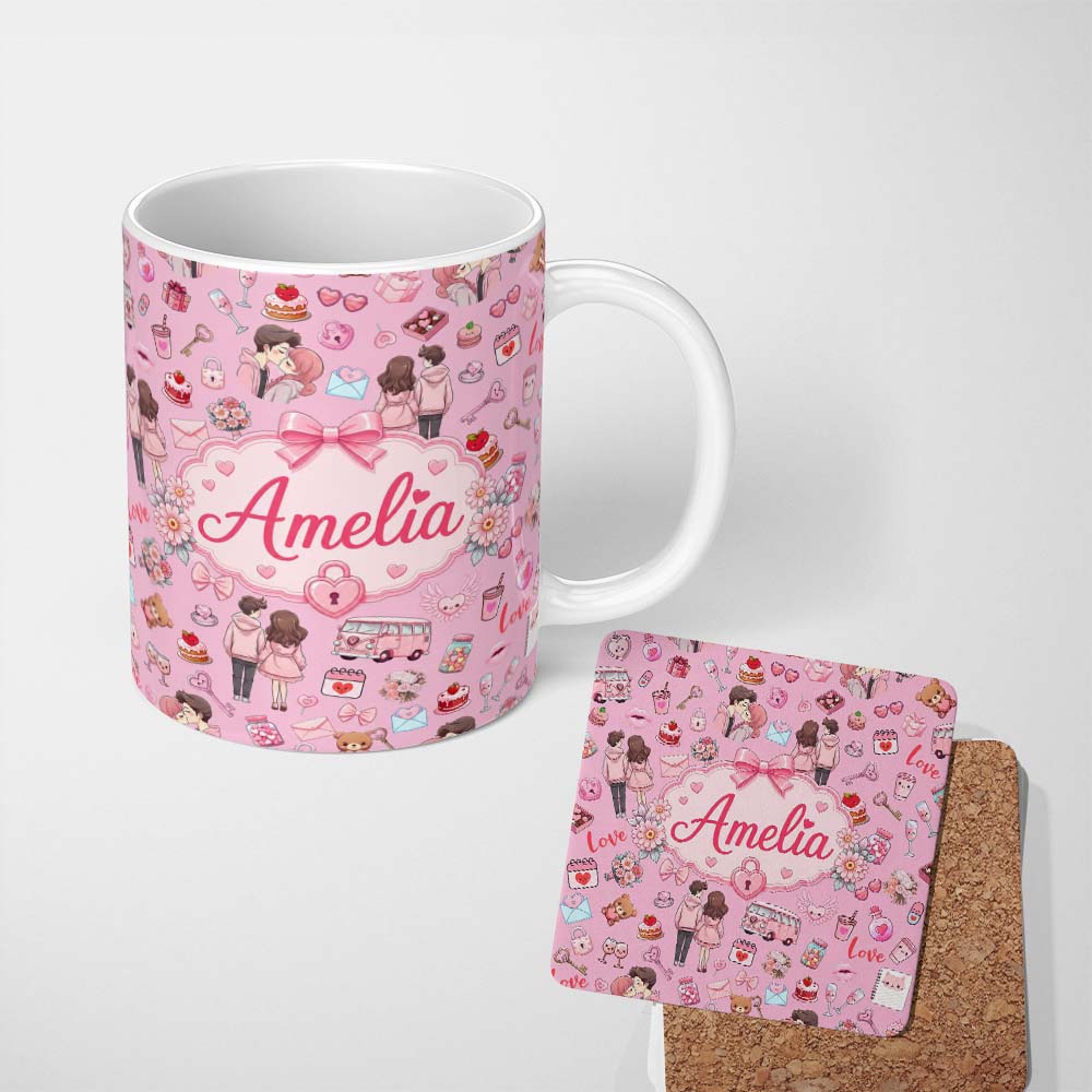 Personalized Custom Name Cute Love Couple Gifts Cakes Teddy Bear Seamless Pattern Pink Lovely 11oz Ceramic Coffee Tea Mug White Large Handle