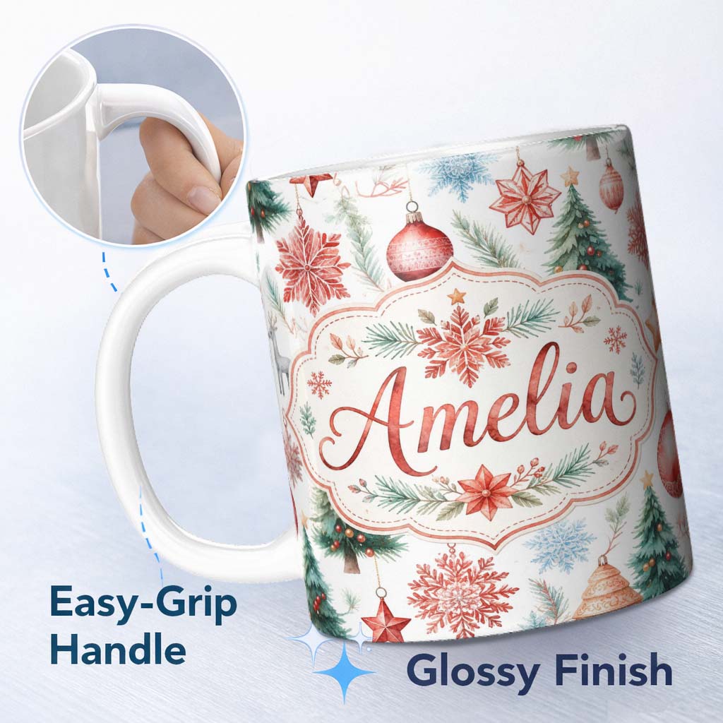 Personalized Custom Name Watercolor Christmas Baubles Snowflakes Reindeer Tree Festive Lovely 11oz Ceramic Coffee Tea Mug White Large Handle