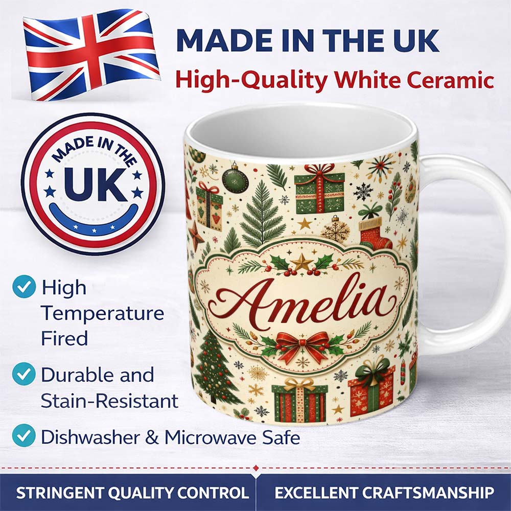 Personalized Custom Name Festive Christmas Trees Baubles Gifts Seamless Pattern Holiday 11oz Ceramic Coffee Tea Mug White Large Handle