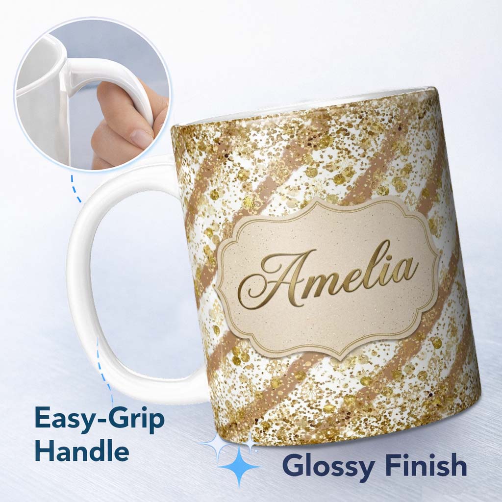 Personalized Custom Name Gold Glitter Damask Stripe Elegant Seamless Pattern Design Luxury 11oz Ceramic Coffee Tea Mug White Large Handle