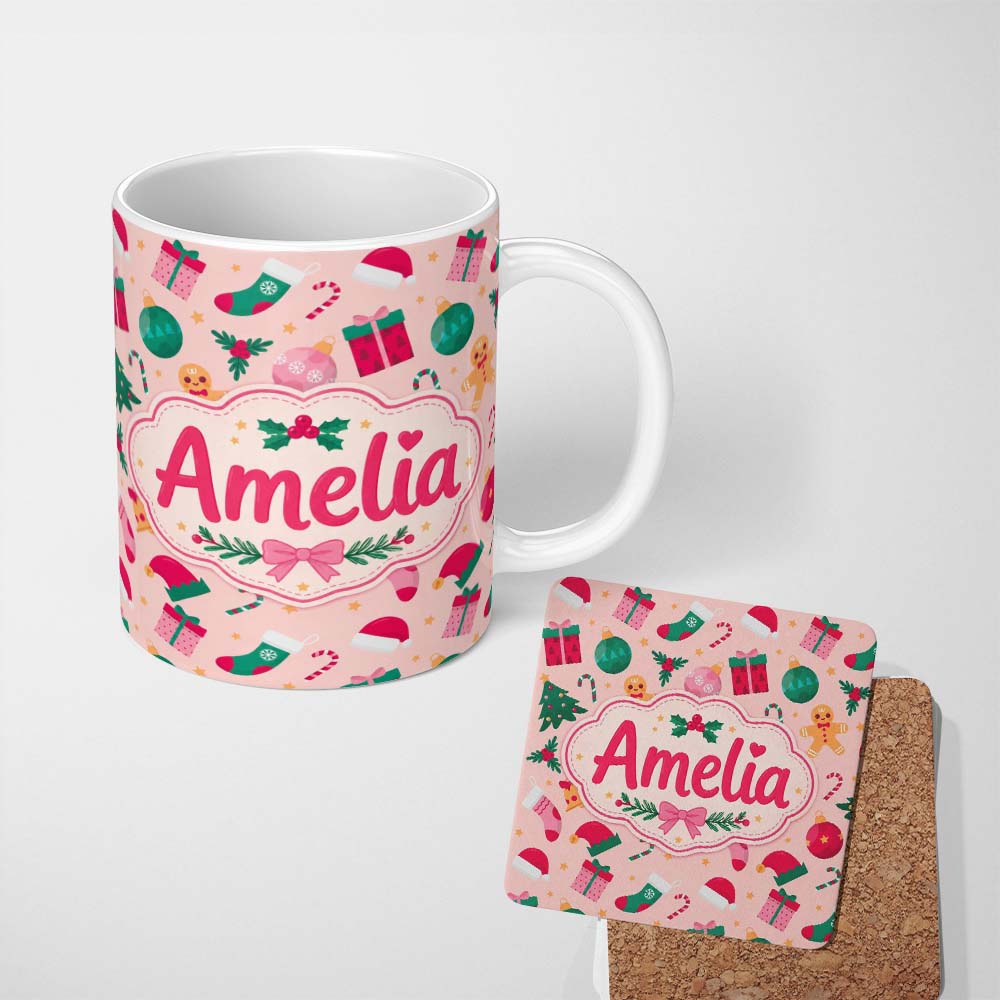 Personalized Custom Name Cute Gingerbread Candy Cane Christmas Tree Seamless Pattern Lovely 11oz Ceramic Coffee Tea Mug White Large Handle