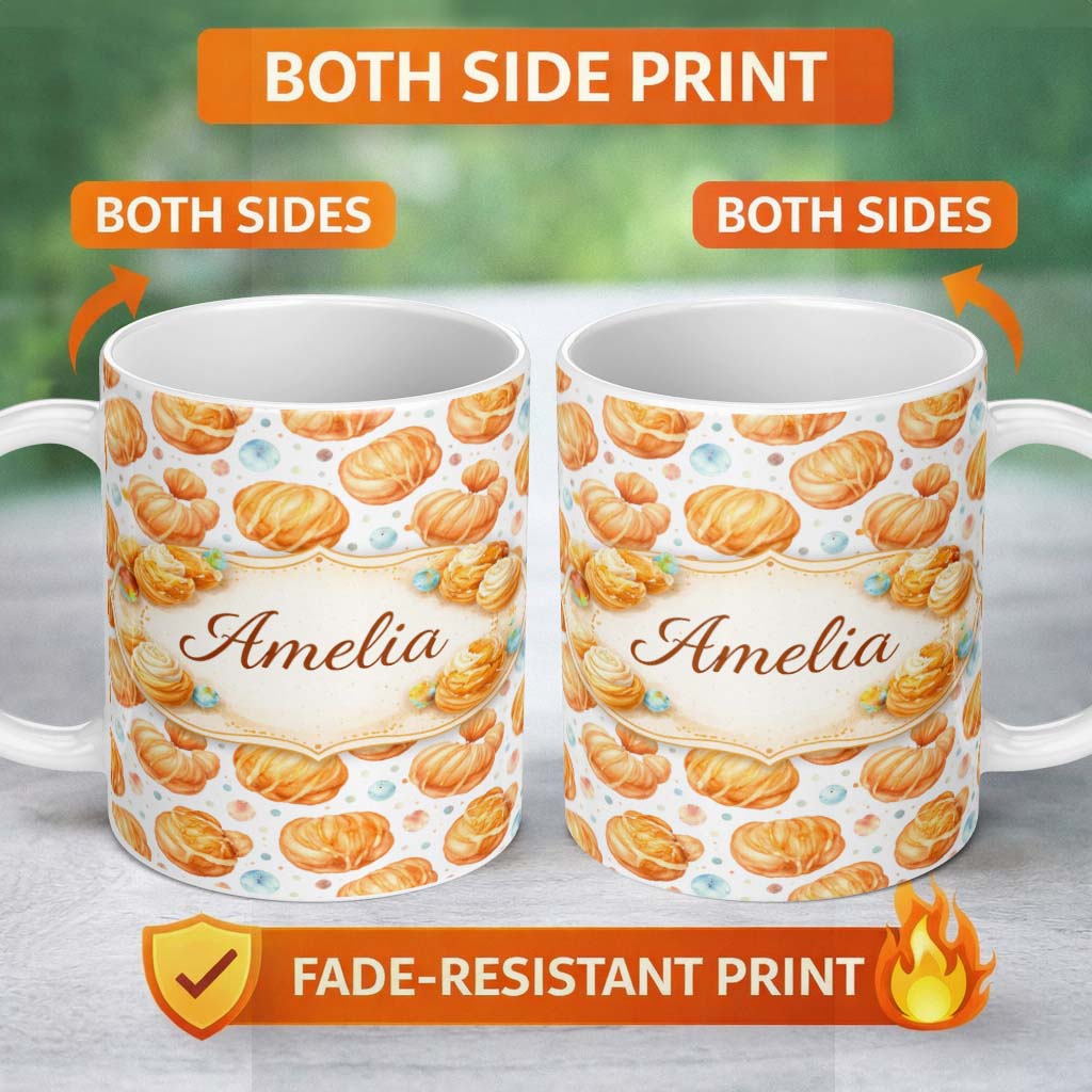 Personalized Custom Name Glazed Croissant Pastry Food Seamless Pattern Cute Unique Gift 11oz Ceramic Coffee Tea Mug White Large Handle
