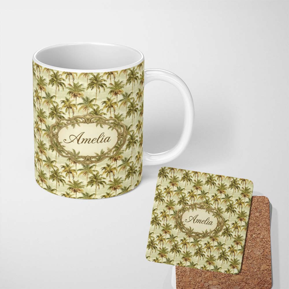 Personalized Custom Name Soft Coastal Palm Tree Pattern in Muted Green and Beige Tones Lovely 11oz Ceramic Coffee Tea Mug White Large Handle