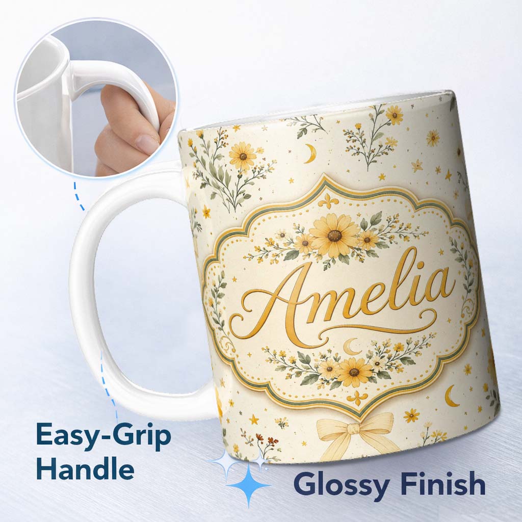 Personalized Custom Name Yellow Wildflower Botanical with Moon and Stars Seamless Pattern 11oz Ceramic Coffee Tea Mug White Large Handle
