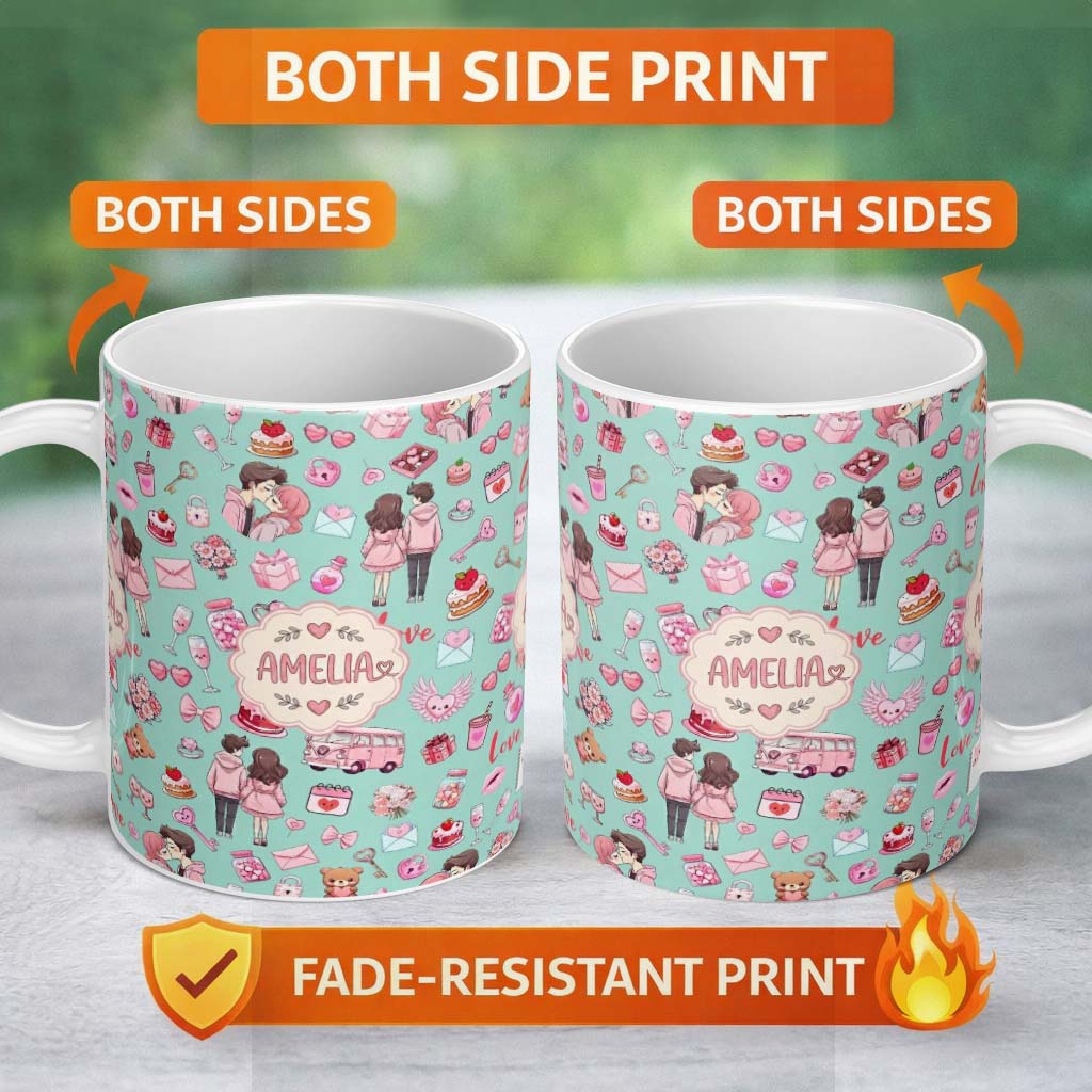 Personalized Custom Name Cute Love Couple Gifts Cakes Teddy Bear Pattern Mint Green Lovely 11oz Ceramic Coffee Tea Mug White Large Handle