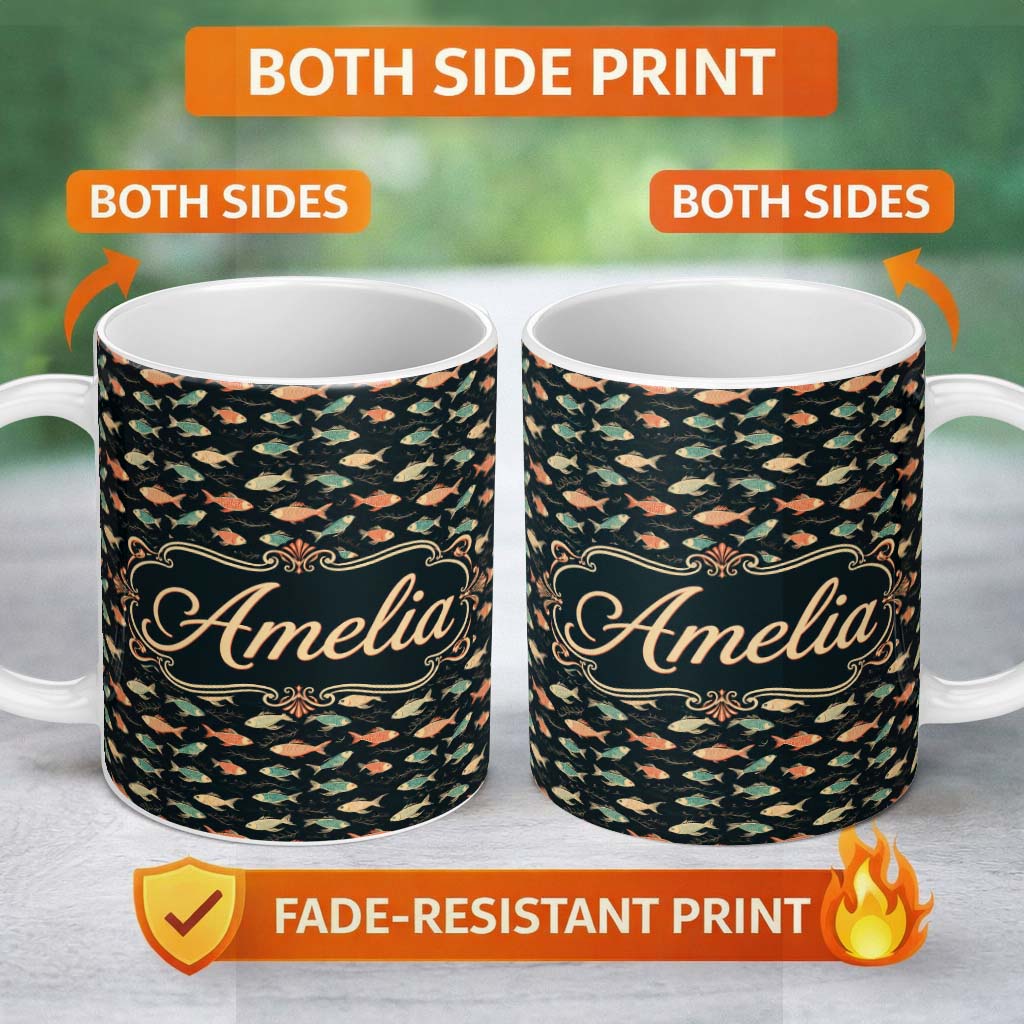 Personalized Custom Name Dark Ocean Fish Pattern with Botanical Seaweed Details on Black 11oz Ceramic Coffee Tea Mug White Large Handle