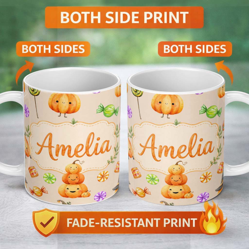 Personalized Custom Name Cute Watercolor Pumpkins and Candy Sweets on Soft Lilac Background 11oz Ceramic Coffee Tea Mug White Large Handle