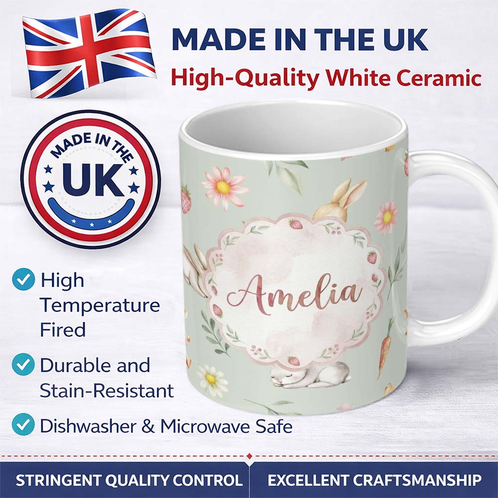 Personalized Custom Name Cute Easter Bunnies with Flowers Carrots Soft Sage Background 11oz Ceramic Coffee Tea Mug White Large Handle