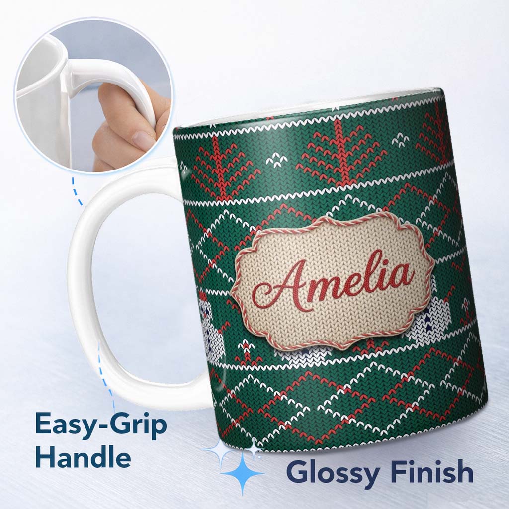 Personalized Custom Name Cute Green Nordic Llama Alpaca Winter Christmas Knitted Seamless 11oz Ceramic Coffee Tea Mug White Large Handle
