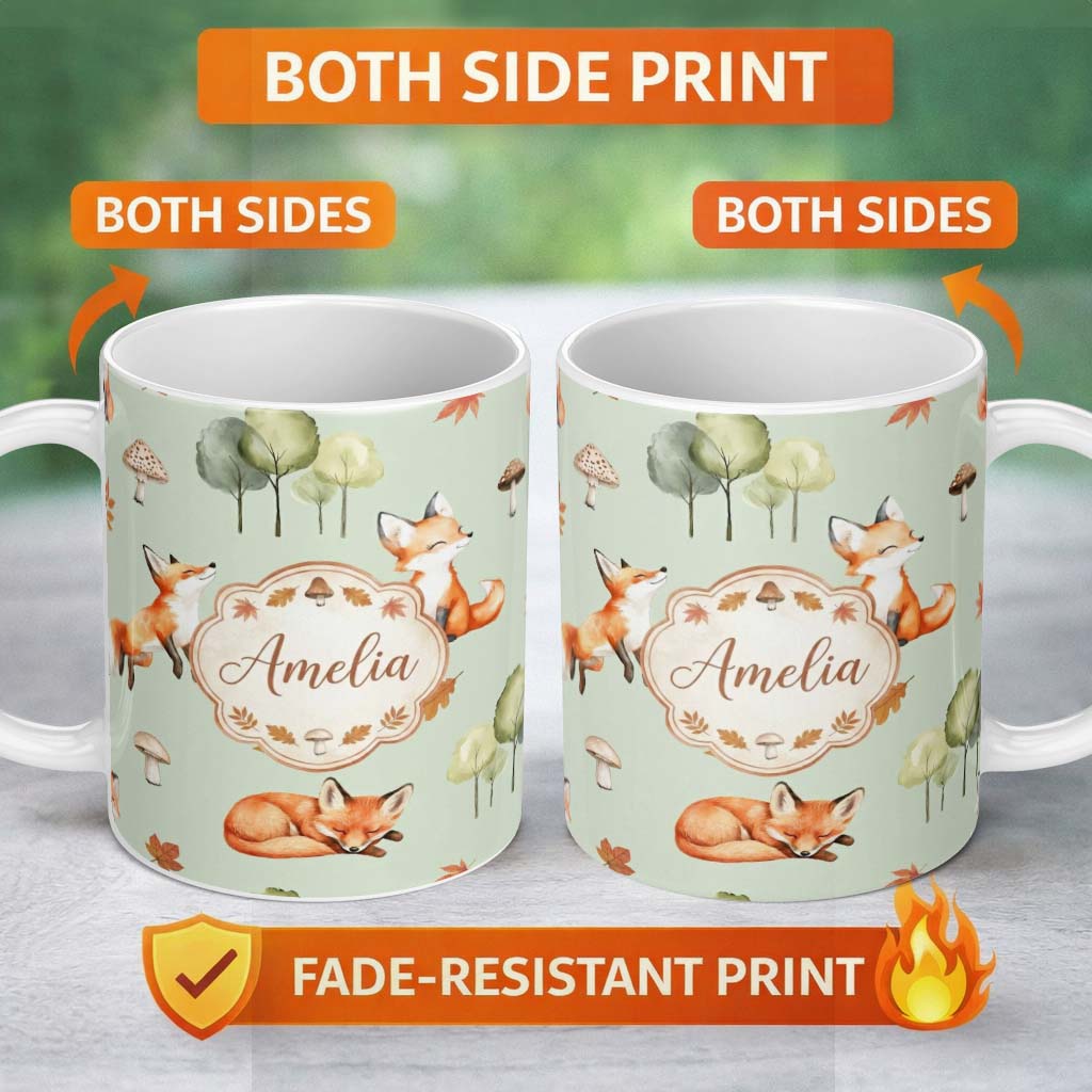 Personalized Custom Name Watercolor Woodland Fox Mushroom Autumn on Sage Green Background 11oz Ceramic Coffee Tea Mug White Large Handle