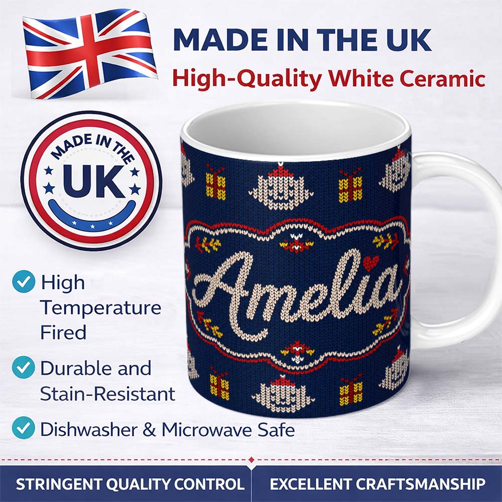 Personalized Custom Name Cute Blue Nordic Christmas Bauble Gift Knitted Seamless Pattern 11oz Ceramic Coffee Tea Mug White Large Handle