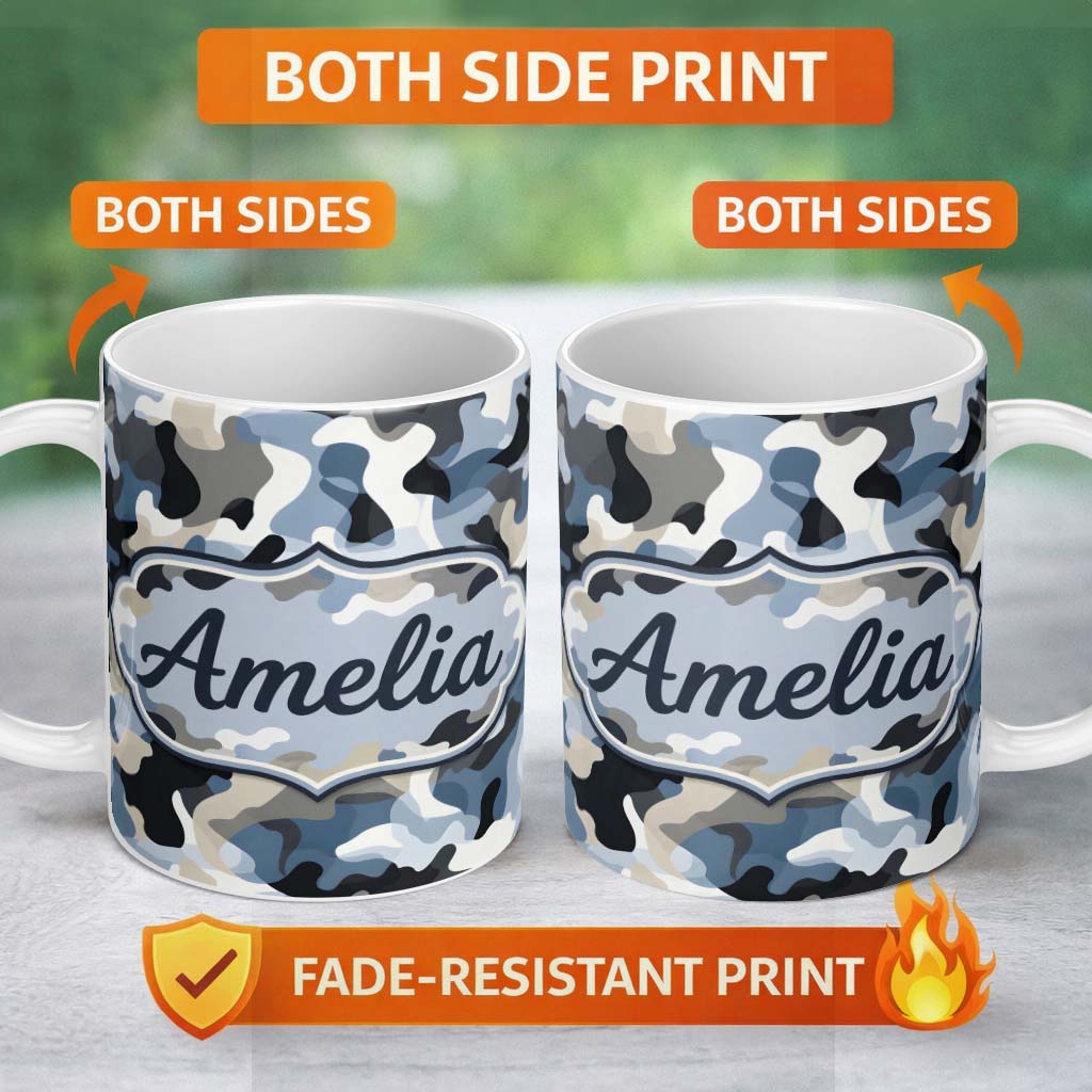 Personalized Custom Name Blue Grey Urban Camouflage Seamless Pattern Thoughtful Gift Idea 11oz Ceramic Coffee Tea Mug White Large Handle