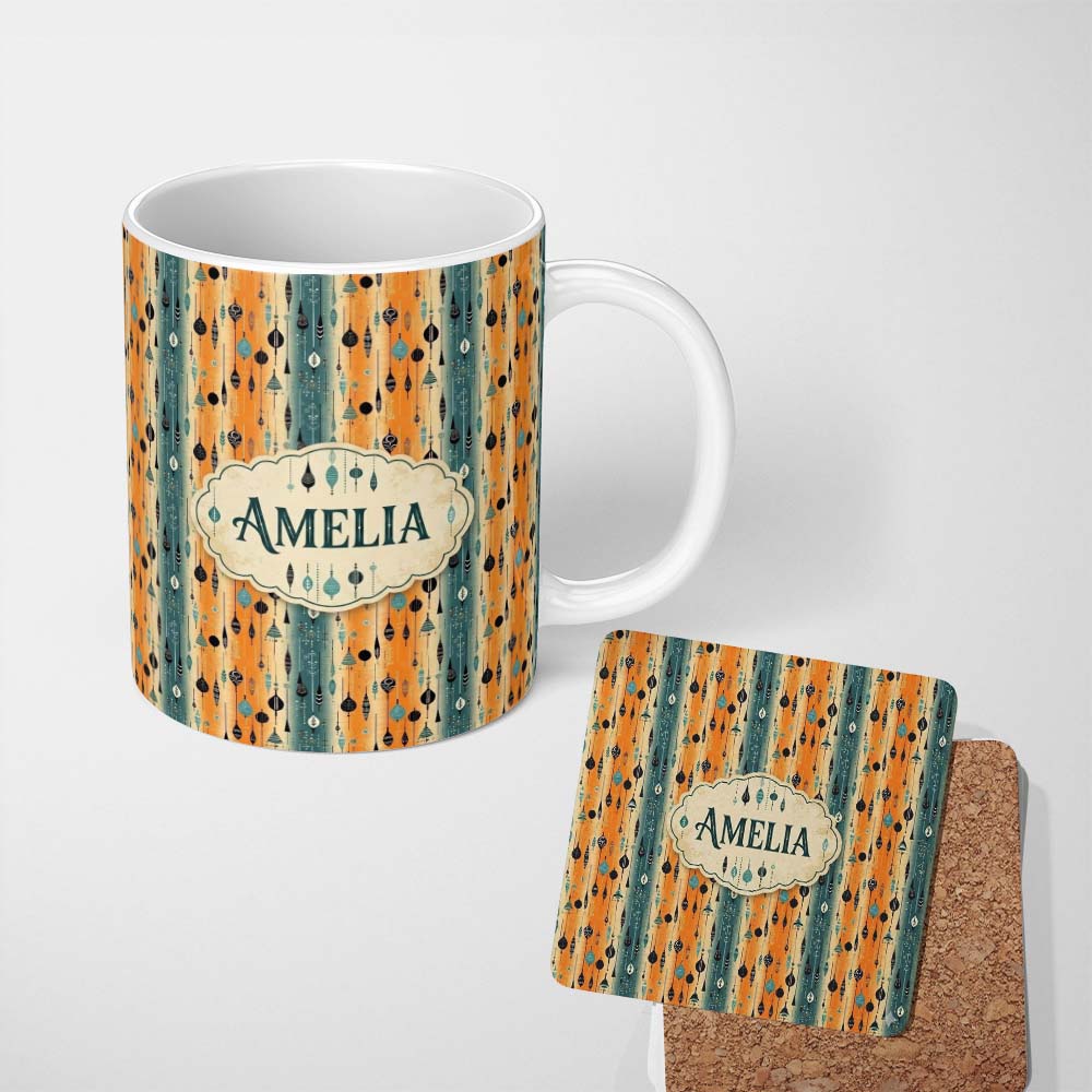 Personalized Custom Name Scandinavian Hanging Ornaments Orange Teal Seamless Pattern Lovely 11oz Ceramic Coffee Tea Mug White Large Handle
