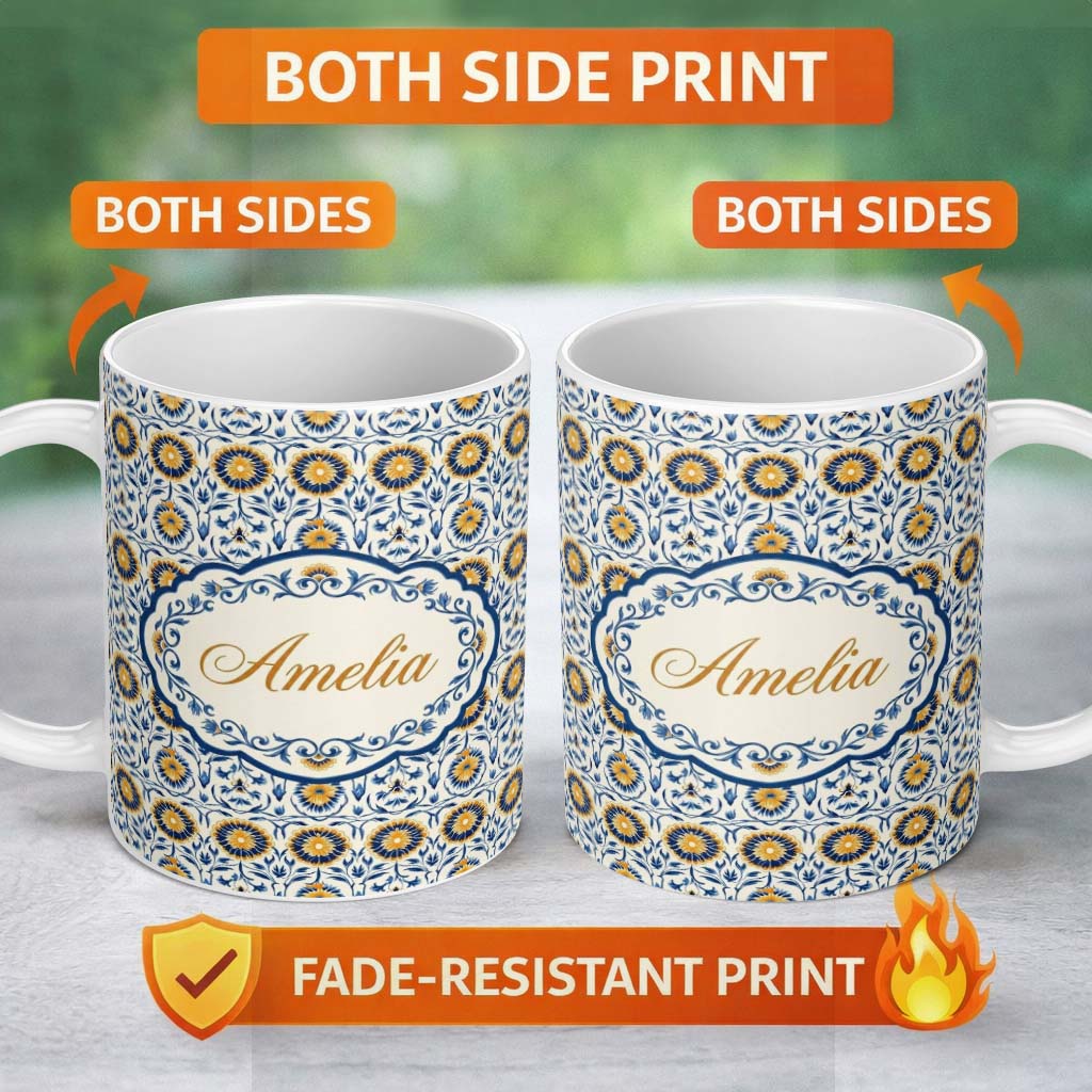 Personalized Custom Name Blue and Yellow Folk Art Floral Tile Seamless Pattern Lovely 11oz Ceramic Coffee Tea Mug White Large Handle