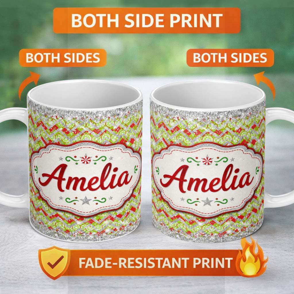 Personalized Custom Name Green Red Chevron Silver Glitter Christmas Seamless Pattern Lovely 11oz Ceramic Coffee Tea Mug White Large Handle
