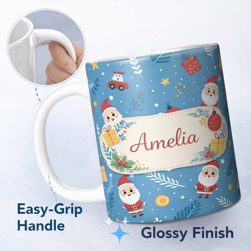 Personalized Custom Name Red Festive Christmas Tree Reindeer Snowman Seamless Pattern Lovely 11oz Ceramic Coffee Tea Mug White Large Handle