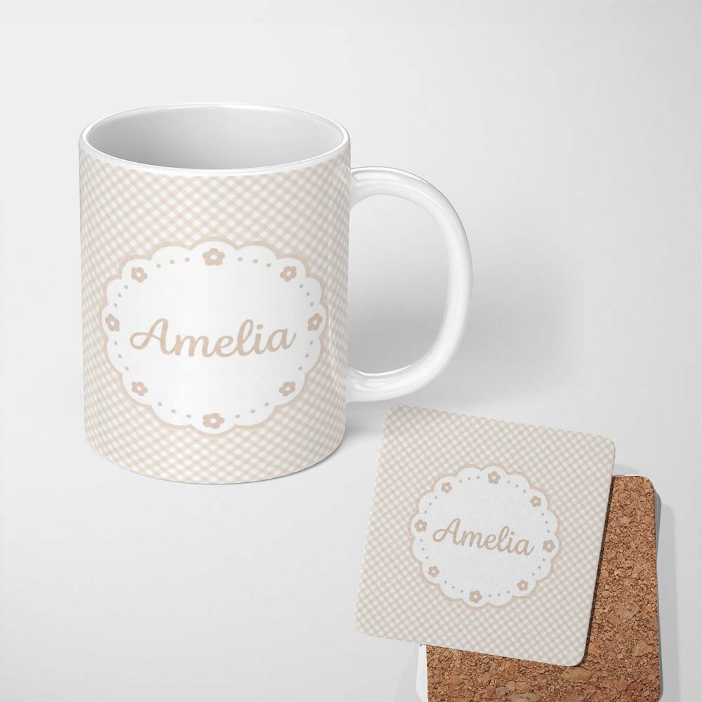 Personalized Custom Name Classic Beige Diagonal Gingham Check Pattern with Soft Vintage 11oz Ceramic Coffee Tea Mug White Large Handle