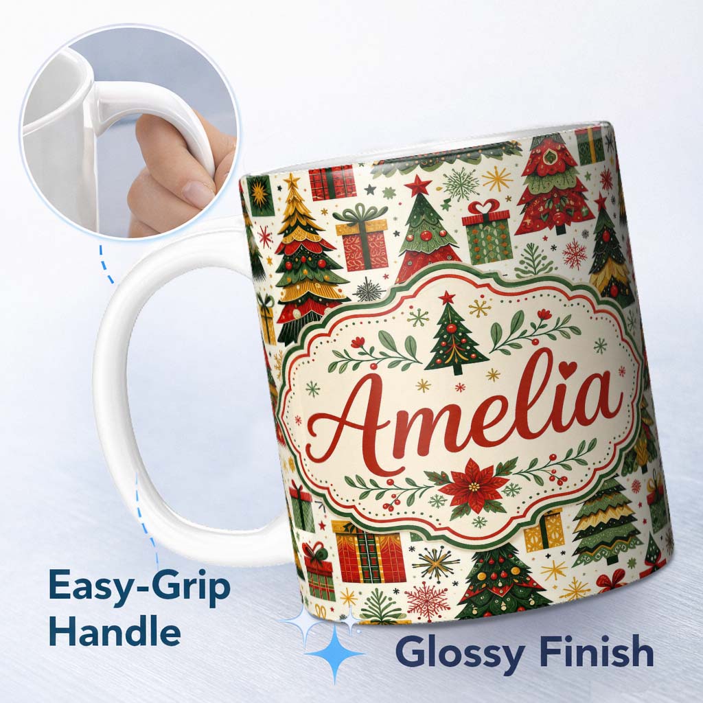 Personalized Custom Name Cute Christmas Tree Gift Holiday Festive Seamless Pattern Lovely 11oz Ceramic Coffee Tea Mug White Large Handle
