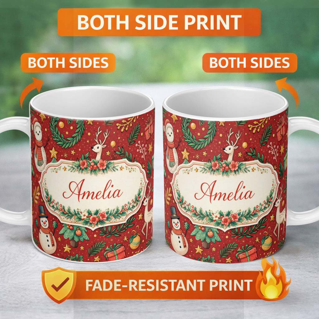 Personalized Custom Name Winter Holiday Snowman Reindeer Wreath Seamless Pattern Lovely 11oz Ceramic Coffee Tea Mug White Large Handle