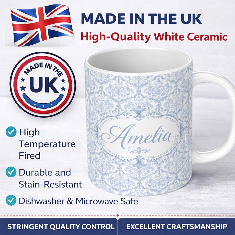 Personalized Custom Name Vintage Blue Damask Ornamental Seamless Pattern Perfect Gift for Her 11oz Ceramic Coffee Tea Mug White Large Handle