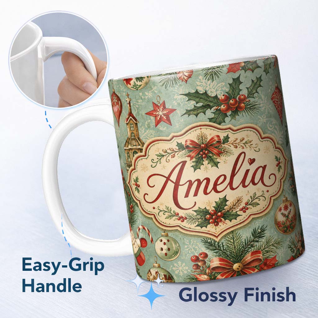 Personalized Custom Name Vintage Christmas Baubles Holly Berries Candy Cane and Snowflakes 11oz Ceramic Coffee Tea Mug White Large Handle