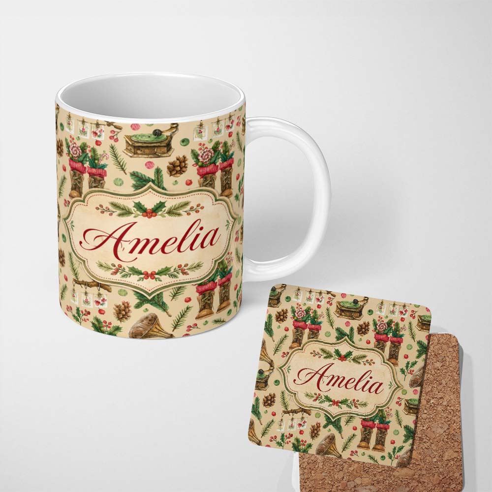 Personalized Custom Name Vintage Christmas Boots Candy Cane Gramophone Pinecone Seamless 11oz Ceramic Coffee Tea Mug White Large Handle