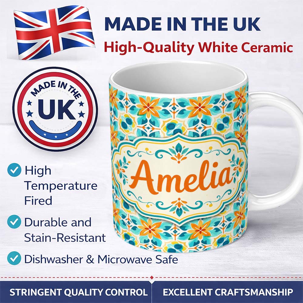 Personalized Custom Name Dark Floral Folk Pattern Orange Blue Seamless Pattern Lovely 11oz Ceramic Coffee Tea Mug White Large Handle