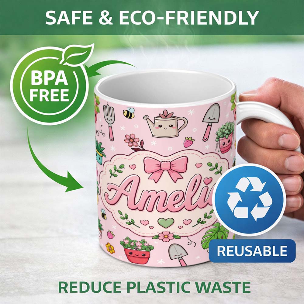 Personalized Custom Name Cute Kawaii Garden Tools Plants Bees Seamless Pattern Pink Floral 11oz Ceramic Coffee Tea Mug White Large Handle