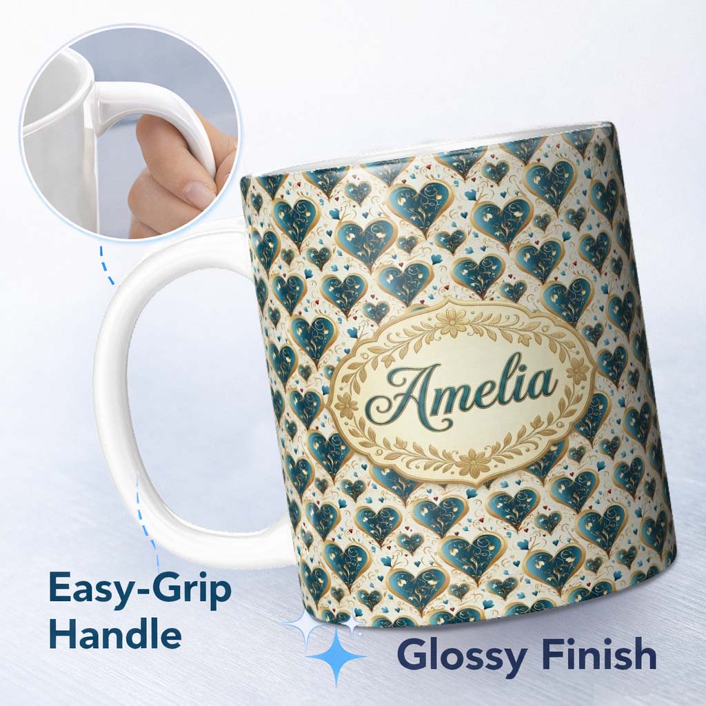 Personalized Custom Name Elegant Blue Gold Ornate Heart Scrollwork Romantic Seamless Pattern 11oz Ceramic Coffee Tea Mug White Large Handle