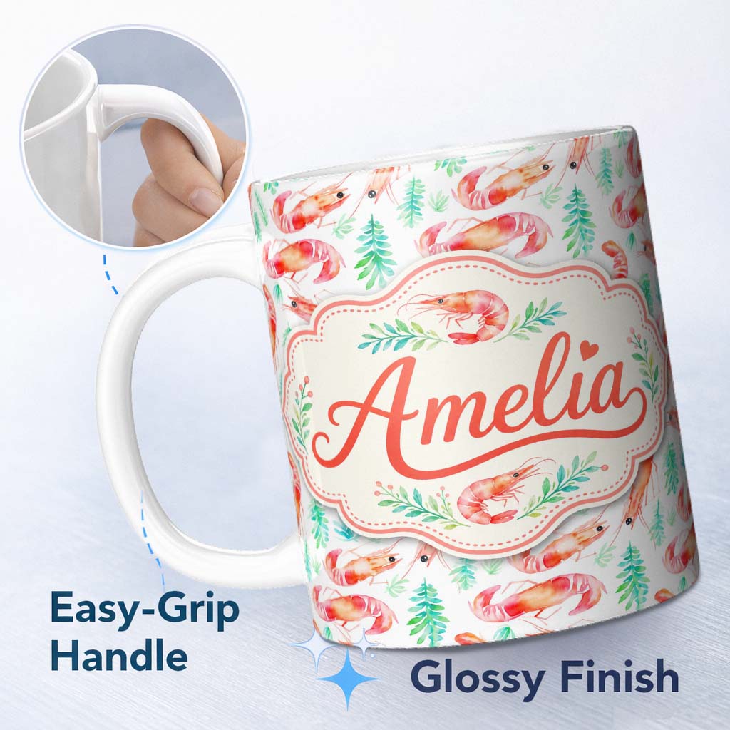 Personalized Custom Name Watercolour Shrimp with Green Seaweed on Soft Background Seamless 11oz Ceramic Coffee Tea Mug White Large Handle