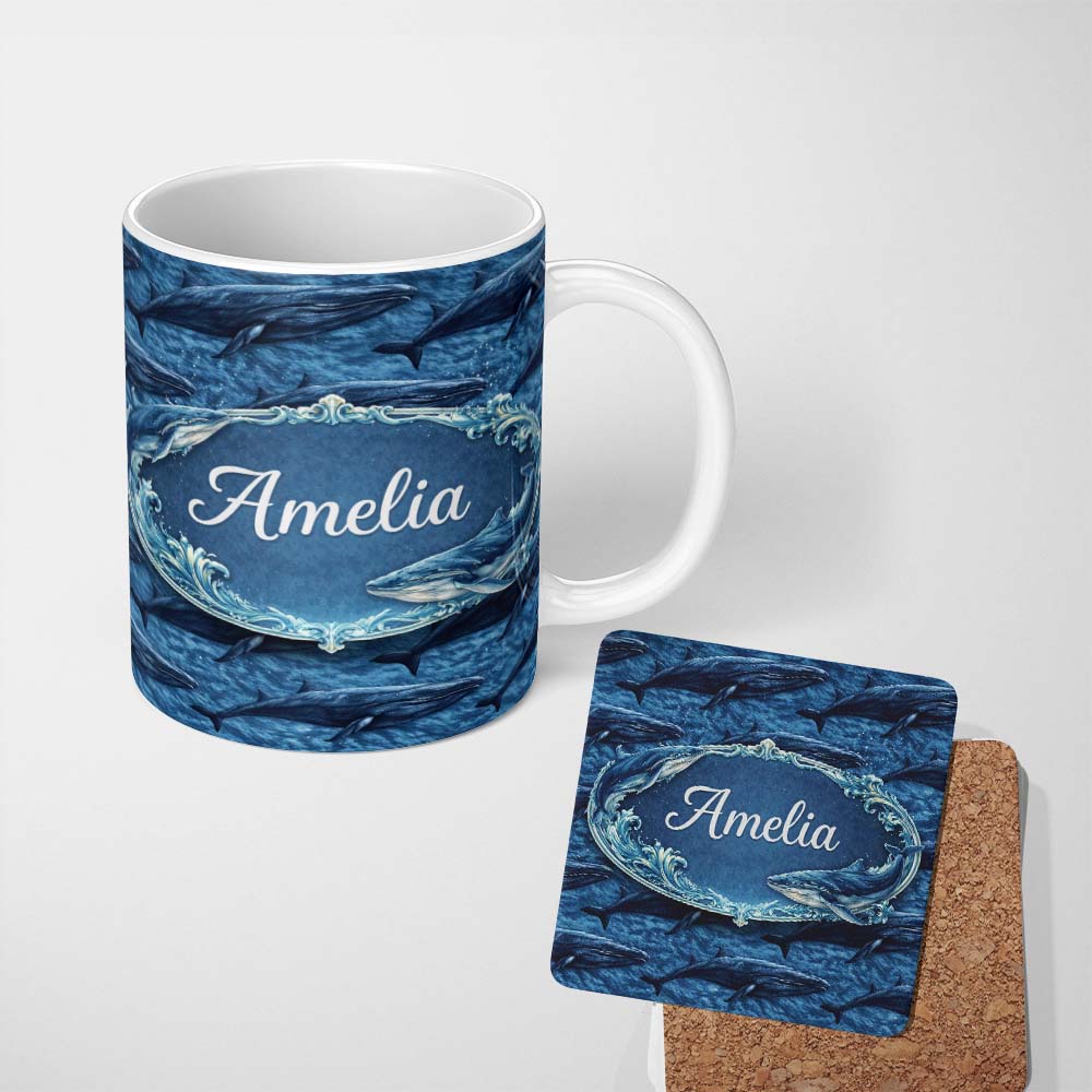 Personalized Custom Name Deep Blue Whale Underwater Seamless Pattern Ocean Marine Design 11oz Ceramic Coffee Tea Mug White Large Handle